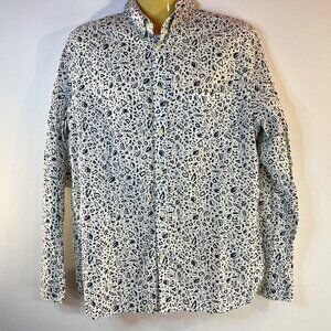H&M L.O.G.G. Men's White Blue Regular Fit Printed Shirt - Size Medium